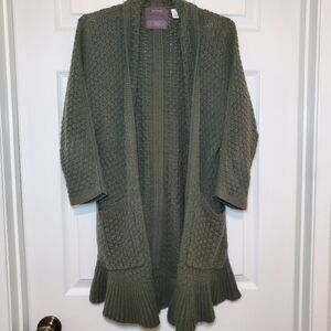 Anthropologie Guinevere Long Line Cardigan Sweater Green Ruffle Hem Sz XS